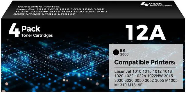 Main image of 12A Toner Cartridge 4-Pack Black Replacement for HP 12A Q2612A 1020 3015 Toner Work for Laser Jet 1010 1022 1012 1015 1018 1022n 1022nw 3030 3020 3050 3052 3055 M1005 M1319 M1319F Printer