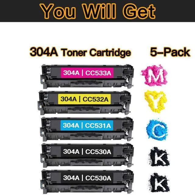 Alt view image 2 of 7 - Remanufactured Toner Cartridges Replacement for HP 304A CC530A CC531A CC532A CC533A Toners use with HP Color Laserjet CP2025 CP2025n CP2025x CP2025dn CM2320nf CM2320fxi Printer (5-Pack)