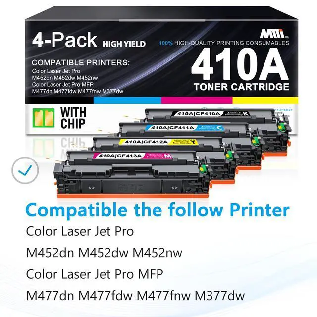 Alt view image 2 of 7 - 410A 410X Toner Cartridges 4 Pack Black Cyan Yellow Magenta with Chip, Compatible for HP, Works with HP Color Laser Pro MFP M477FDW M477FNW M477FDN M452DN M452DW M452NW M377DW Printers