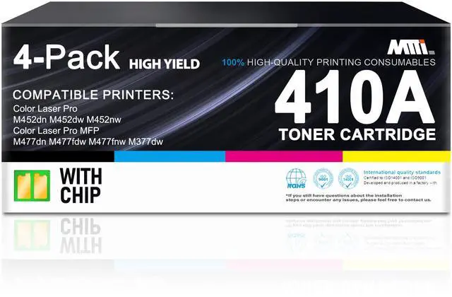Main image of 410A 410X Toner Cartridges 4 Pack Black Cyan Yellow Magenta with Chip, Compatible for HP, Works with HP Color Laser Pro MFP M477FDW M477FNW M477FDN M452DN M452DW M452NW M377DW Printers