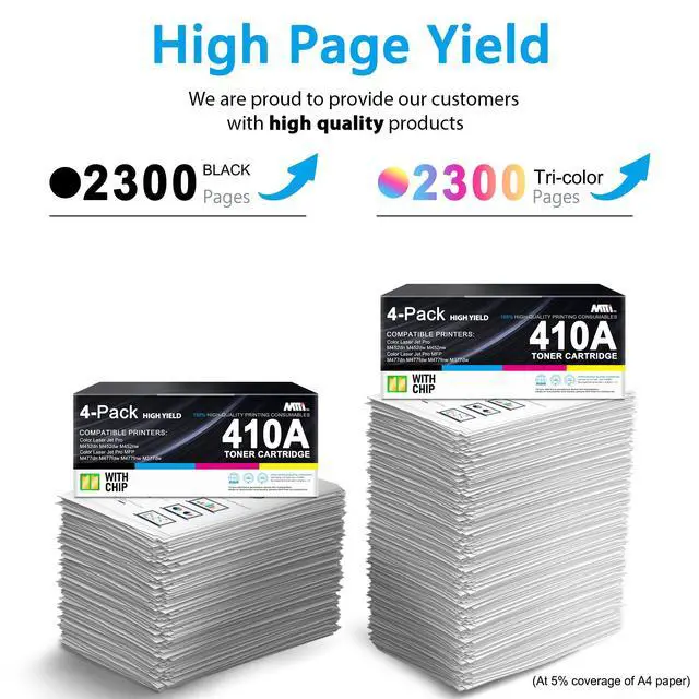 Alt view image 3 of 7 - 410A 410X Toner Cartridges 4 Pack Black Cyan Yellow Magenta with Chip, Compatible for HP, Works with HP Color Laser Pro MFP M477FDW M477FNW M477FDN M452DN M452DW M452NW M377DW Printers