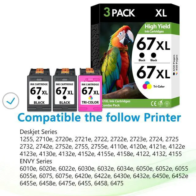 Alt view image 2 of 7 - 67XL Ink Cartridges 3 Pack, 2 Black and 1 Tri-Color High Yield Replacement for HP 67 67XL, Compatible with HP DeskJet 2755e 2855e 2700e 4155e 2734e 2827e 4100e and Envy 6055 6455e Printers