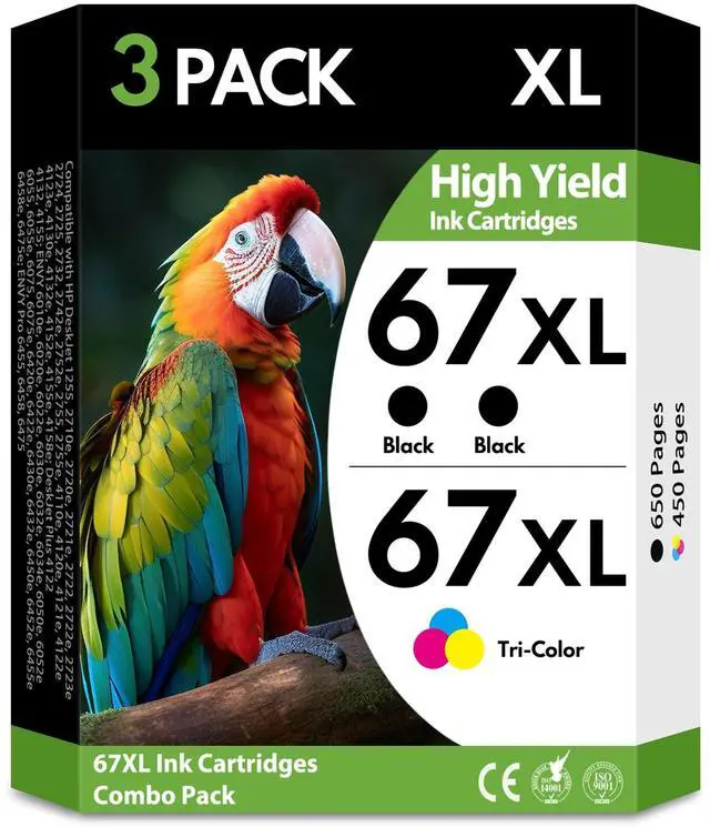 Main image of 67XL Ink Cartridges 3 Pack, 2 Black and 1 Tri-Color High Yield Replacement for HP 67 67XL, Compatible with HP DeskJet 2755e 2855e 2700e 4155e 2734e 2827e 4100e and Envy 6055 6455e Printers