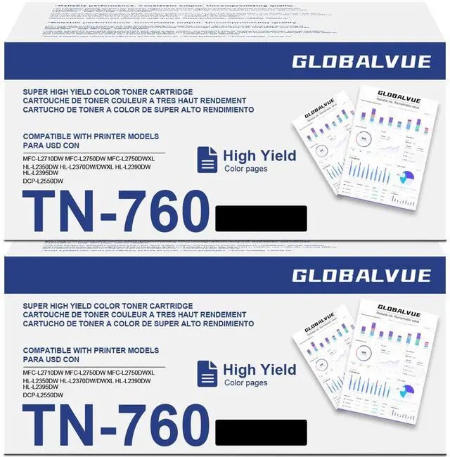 Main image of TN760 High Yield Black Toner Cartridge Replacement for Brother TN-760 | MFC-L2750DW HL-L2350DW L2370DW L2390DW L2395DW DCP-L2550DW Printer TN 760 2 Pack