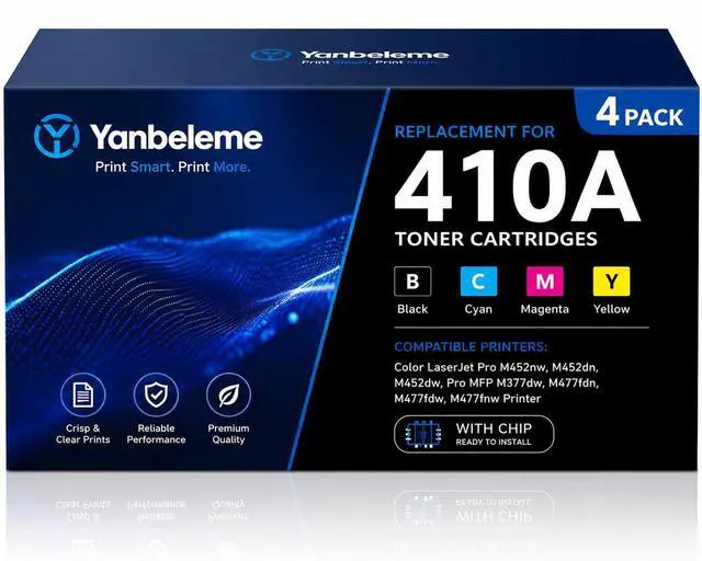 Main image of 410A Toner Cartridges 4 Pack (C/M/Y/K) Replacement for 410A 410X Toner Cartridge CF410A CF411A CF412A CF413A CF410X Work Pro M477fdw M477fdn M452dn M452dw M452nw MFP M477fnw Toner Printer with Chip