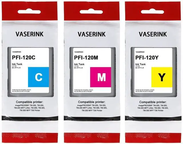 Main image of PFI120 130-ml Ink Tank (3-Pack, Cyan, Magenta, Yellow) VASRINK Compatible PFI120C PFI120M PFI120Y Replacement for Canon TM-205 TM-300 TM-305 Printer