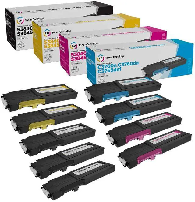 Main image of Products Compatible Toner Cartridge Replacements for Dell Color Laser C3760 C3765 Extra High Yie (3 331-8429 Black, 2 331-8432 Cyan, 2 331-8431 Magenta, 2 331-8430 Yellow, 9-Pack)