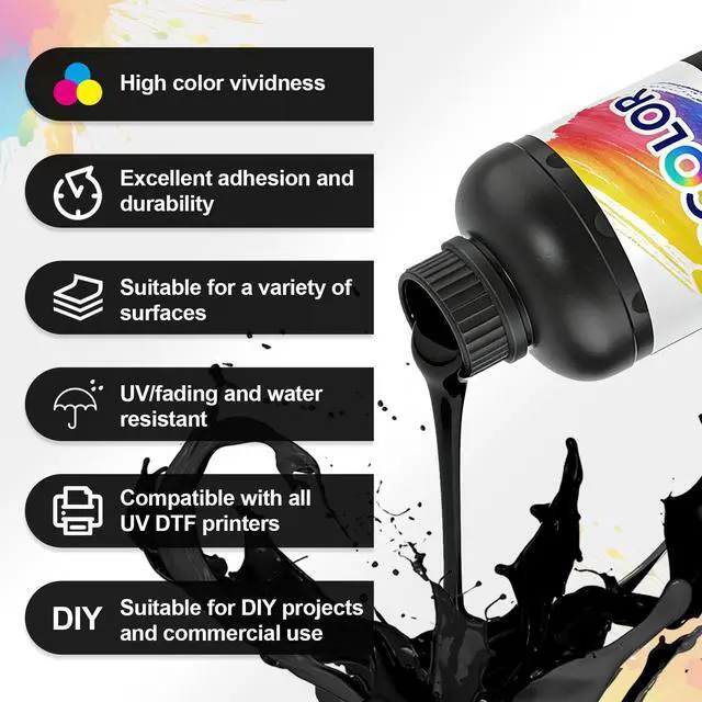 Alt view image 2 of 6 - UV DTF Ink 1000ML for UV DTF Printer Printing on A B Films for i3200,i1600,L805,1390,DX4,DX5,DX6,DX7,DX10,TX800,XP600 Sticker Printer(1000ML 2 White,1 Black,1 Cyan,1 Magenta,1 Yellow)
