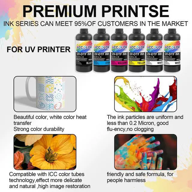 Alt view image 3 of 6 - UV DTF Ink 1000ML for UV DTF Printer Printing on A B Films for i3200,i1600,L805,1390,DX4,DX5,DX6,DX7,DX10,TX800,XP600 Sticker Printer(1000ML 2 White,1 Black,1 Cyan,1 Magenta,1 Yellow)