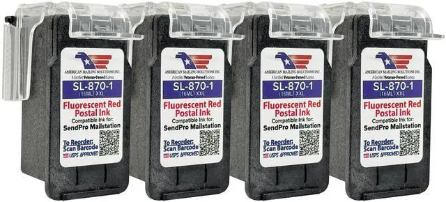 Main image of PB SL-870-1 (4-Pack) Fluorescent Red Ink Cartridge, XXL (16ML) | Replacement for the PB SendPro Mailstation (CSD1) Postage Meter, USPS-Approved, US Supplier
