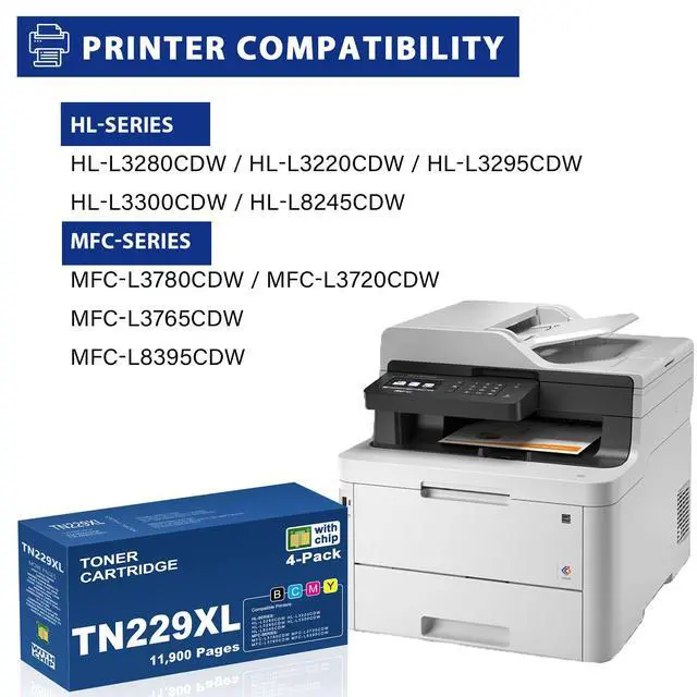 Alt view image 2 of 7 - TN229XL Toner Cartridges 4 Pack MFC-l3780CDW Replacement for Brother TN229 TN-229XL Works with HL-L3280CDW MFC-L3720CDW HL-L3220CDW MFC-L3765CDW HL-L3300CDW Printer