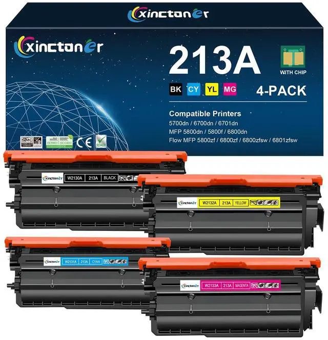 Main image of 213A Toner Cartridge 4 Pack (with Chip) Compatible for HP 213A W2130A 213X W2130X Toner for HP Color Laser jet Enterprise 5700dn 6700 6701dn MFP 5800dn 6800 6801dn Printer Ink Copier Scanner