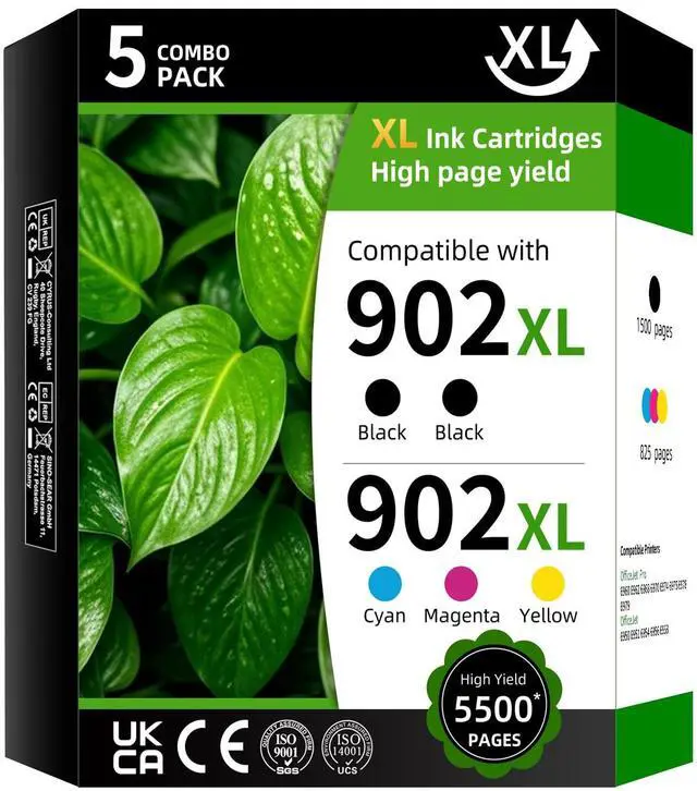 Main image of 902XL High Yield Ink Cartridge Replacement for HP902XL HP902 902 XL Combo Pack Compatible with HP OfficeJet Pro 6960 6962 6968 6970 6974 6975 (Black Cyan Magenta Yellow 5 Pack)