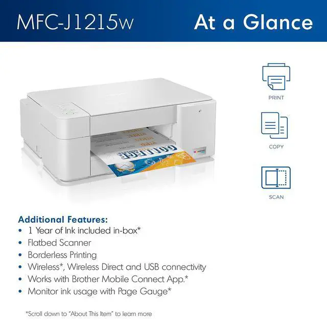 Alt view image 5 of 5 - MFC-J1215W INKvestment Tank Wireless All-in-One Color Inkjet Printer for Home Office - Print, Copy, Scan - 16 ppm, 1200 x 600 dpi, Voice Control, 150 Sheets - BROAGE 4 Feet Printer Cable