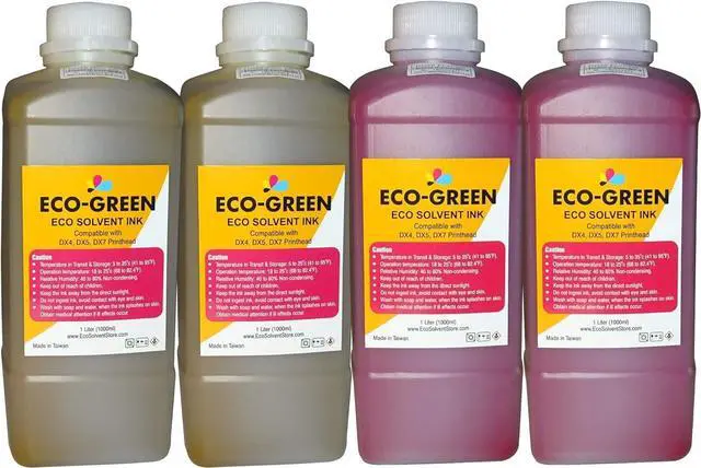 Main image of Eco Solvent Ink for Wide Format Commercial Sign Printers, DX4 DX5 DX7 DX9 DX10 DX 11 XP600 TX800 I3200 Printhead, Mimaki, Roland, Mutoh, Will NOT Work with Desktop Printers. (2 Yellow + 2 Magenta)