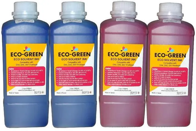 Main image of Eco Solvent Ink for Wide Format Commercial Sign Printers Using DX4 DX5 DX7 DX9 DX10 DX 11 XP600 TX800 I3200 Printhead, Mimaki, Roland, Mutoh, Will NOT Work with Desktop Printers. (2 Cyan+ 2 Magenta)