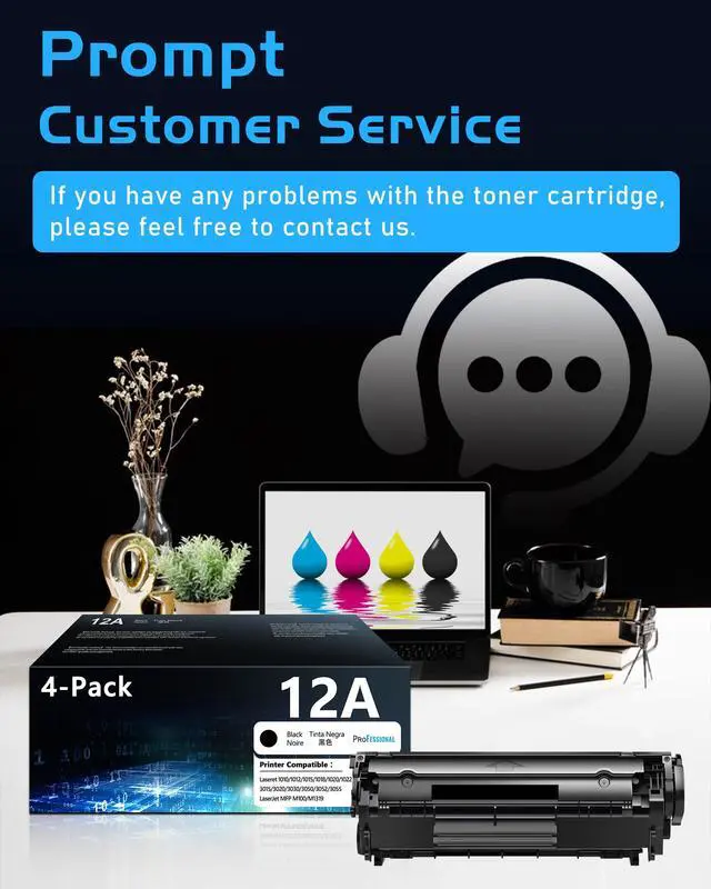 Alt view image 7 of 7 - 12A Toner Cartridges Black 4 Pack 12A Replacement for HP12A 12A Q2612A Black Toner Compatible with HP Laserjet 1020 1022 1012 1010 1015 1018 1022n 1022NW 3015 3030 3020 3050 3052 3055 M1319 Printer