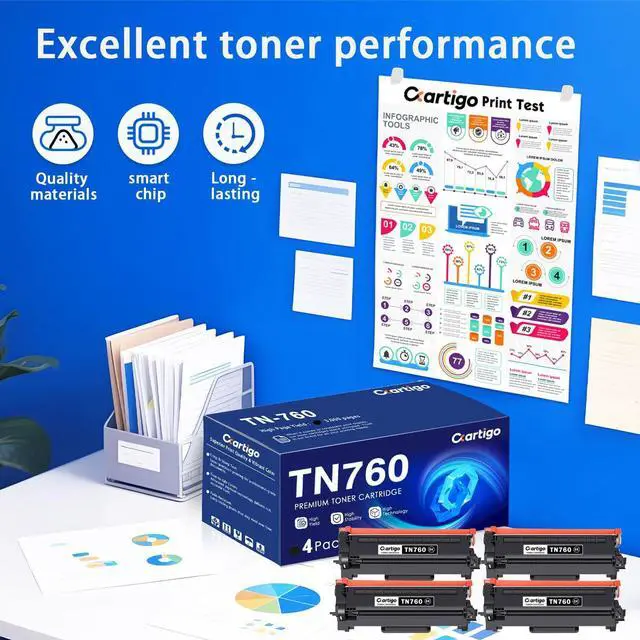 Alt view image 5 of 7 - TN760 Black High Yield Toner Cartridge 4 Pack Replacement for TN-760 TN 760 Compatible with Brother MFC-L2710DW MFC-L2750DW HL-L2350DW HL-L2370DW HL-L2395DW HL-L2390DW DCP-L2550DW Printer