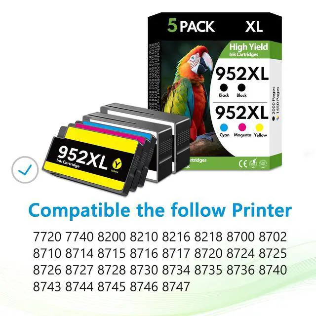 Alt view image 2 of 7 - 952XL 952 Ink Cartridges 5 Pack High Yield BK/C/M/Y, Replacement for HP 952 XL, Compatible with OfficeJet Pro 7740 8710 8720 8715 8210 8703 8702 Printers