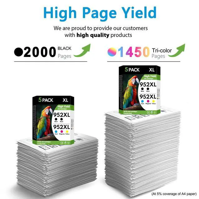 Alt view image 3 of 7 - 952XL 952 Ink Cartridges 5 Pack High Yield BK/C/M/Y, Replacement for HP 952 XL, Compatible with OfficeJet Pro 7740 8710 8720 8715 8210 8703 8702 Printers