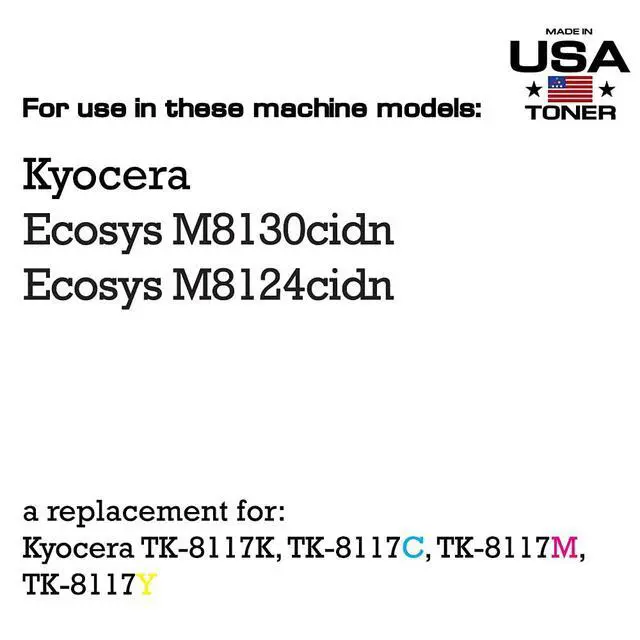 Alt view image 3 of 7 - Compatible Replacement for use in Kyocera Ecosys M8130cidn, Ecosys M8124cidn, TK-8117, TK-8117C, TK-8117M, TK-8117Y, TK-8117K (Cyan, Magenta, Yellow, Black, 4-Pack)
