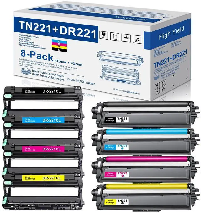 Main image of TN221 Toner Cartridges and DR221CL Drum Unit (4 Toner + 4 Drum) Replacement for Brother TN-221 TN 221 DR221 DR-221CL DR 221CL for HL-3140CW HL-3170CDW MFC-9330CDW MFC-9340CDW Printer Toner Drum