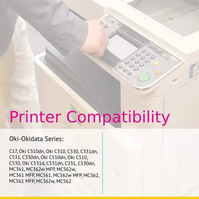 Alt view image 5 of 6 - CS Replacement Toner Cartridge Compatible with Okidata C330 44469801 Black 44469703 Cyan 44469701 Yellow 44469702 Magenta C17 C310 C310dn C330dn C331dn C531 C330 C530 MC562 C531d 4 Color Set