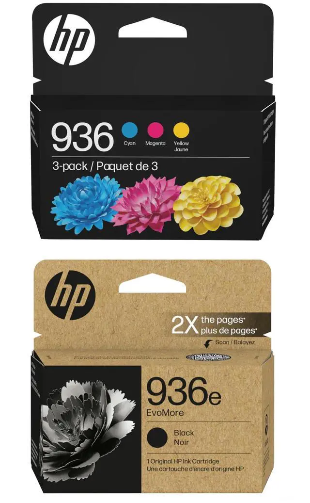 Main image of Original 936e Black EvoMore Ink / 936 Tri-Color Ink Cartridges (2-Pack) | Works with Printer Series: OfficeJet 9120, Pro 9100, Pro Wide Format 9700 | Carbon Neutral | C84QZLN