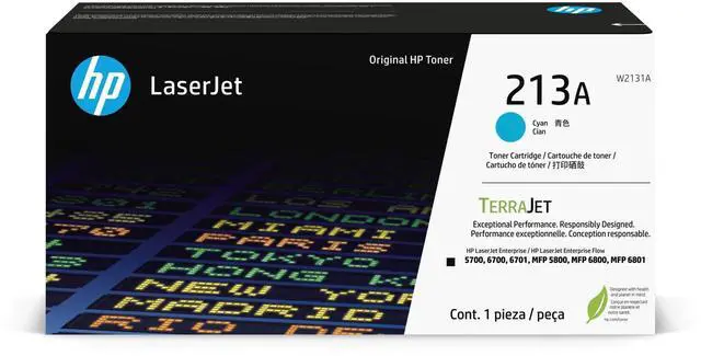 Main image of 213A Cyan Original LaserJet Toner Cartridge, W2131A. Works LaserJet Enterprise 5700, 5800, 6700, 6701, 6800, 6801