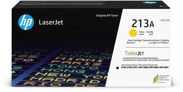 Main image of 213A Yellow Original LaserJet Toner Cartridge, W2132A. Works LaserJet Enterprise 5700, 5800, 6700, 6701, 6800, 6801