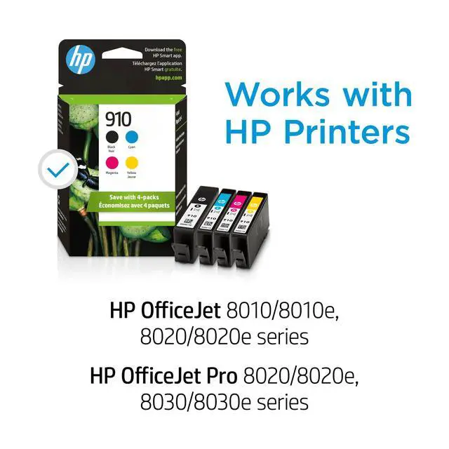 Alt view image 2 of 7 - 910 Black, Cyan, Magenta, Yellow Ink Cartridges (4-Pack) | Works OfficeJet 8010, 8020 Series, OfficeJet Pro 8020, 8030 Series | Eligible for Instant Ink | 3YQ26AN