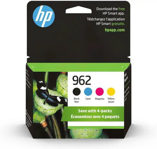 Main image of 962 Black, Cyan, Magenta, Yellow Ink Cartridges (4-Pack) | Works OfficeJet 9010 Series, OfficeJet Pro 9010, 9020 Series | Eligible for Instant Ink | 3YQ25AN