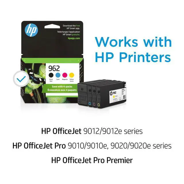 Alt view image 2 of 7 - 962 Black, Cyan, Magenta, Yellow Ink Cartridges (4-Pack) | Works OfficeJet 9010 Series, OfficeJet Pro 9010, 9020 Series | Eligible for Instant Ink | 3YQ25AN