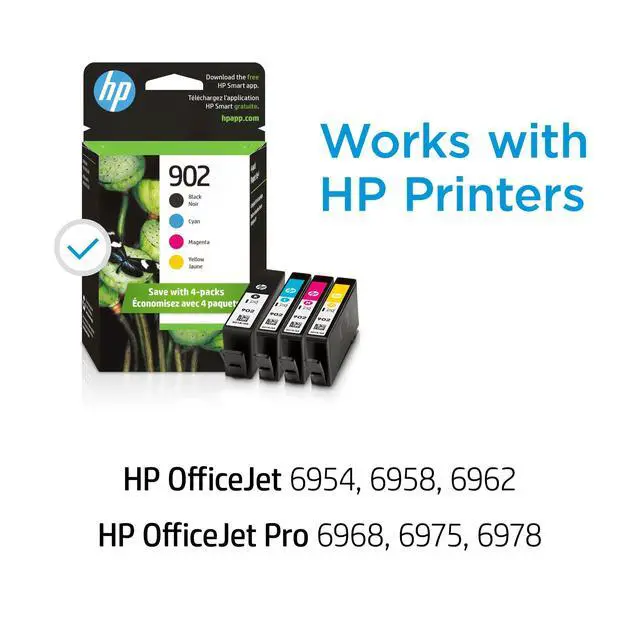 Alt view image 2 of 7 - 902 Black, Cyan, Magenta, Yellow Ink Cartridges (4-Pack) | Works with OfficeJet 6950, 6960, Pro 6960, 6970 Series | X4E05AN