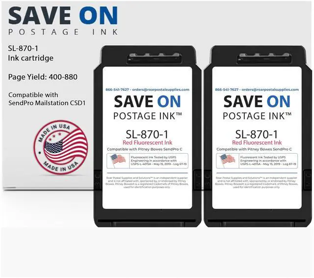 Main image of Compatible Pitney Bowes SL-870-1 Red Ink Cartridge (2 Pack) Inkjet Printer Ink for SendPro Mailstation CSD1 Postage Meter Machine - PB Replacement Printer Cartridge w/OEM Compatibility
