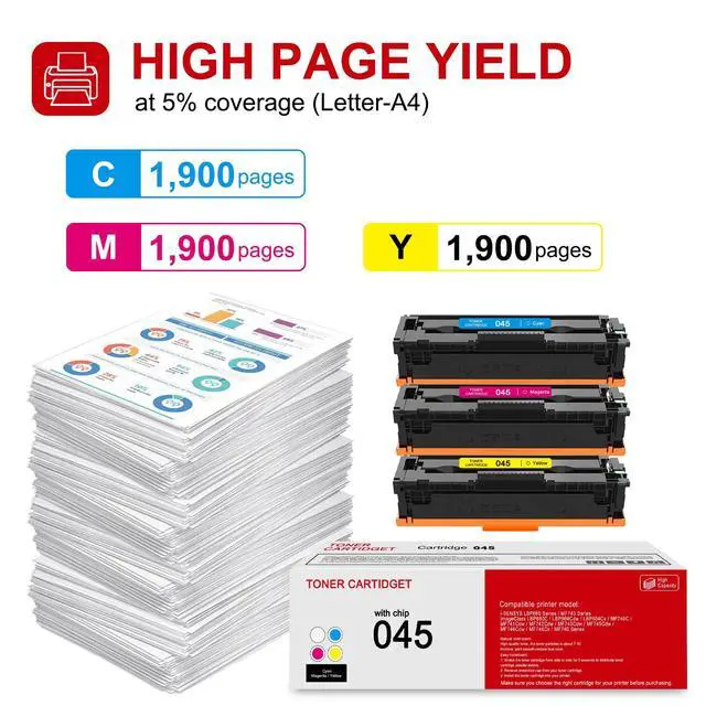 Alt view image 3 of 6 - 3 Pack 045 C/M/Y Toner Cartridge: Compatible CRG-045 Replacement for Canon Color imageCLASS MF631Cn MF632Cdw MF633Cdw MF634Cdw LBP612Cdw LBP613Cdw LBP610C Series i-SENSYS LBP613Cdw MF635Cx Printer