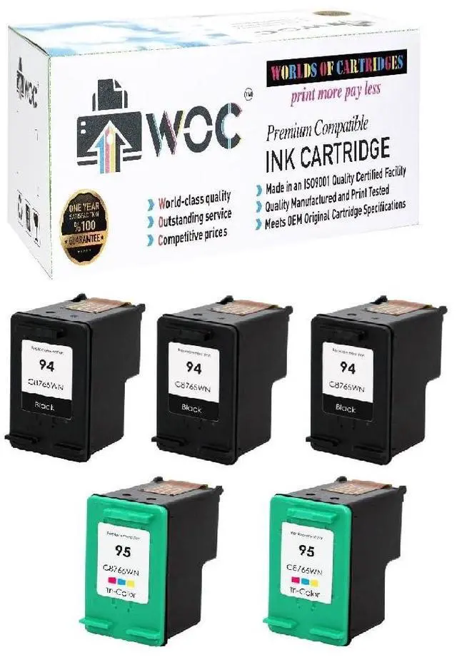 Main image of WOC Remanufactured Ink Cartridge Replacement for HP 94/95 | (C8765WN / C8766WN) (5-Pack: 3x Black + 2x Tri-color)