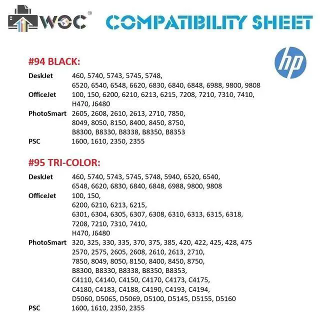 Alt view image 4 of 4 - WOC Remanufactured Ink Cartridge Replacement for HP 94/95 | (C8765WN / C8766WN) (5-Pack: 3x Black + 2x Tri-color)