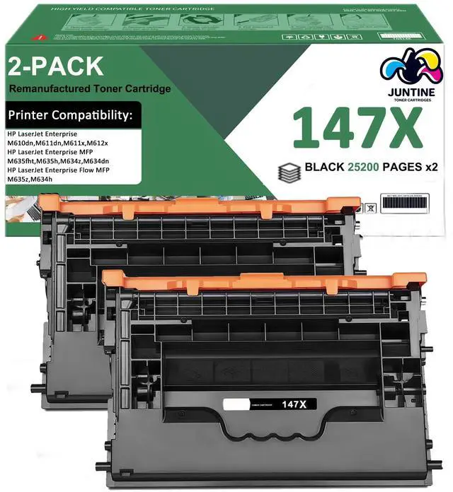 Main image of 147X Black Toner Cartridge 2-Pack with Chip Compatible Replacement for HP 147X 147A W1470X W1470A for HP LaserJet Enterprise M610n M611dn M611x M612dn M612x MFP M634h M635fht Printer High Yield Ink