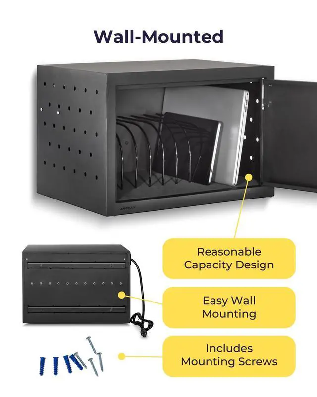 Alt view image 5 of 6 - 12 Device Charging Cabinet for Laptop, Tablet, Chromebook, iPad, Wall Mounted Locking Charging Station with Keys, Surge Protection, Cable Management for Classroom, School Supplies, Black