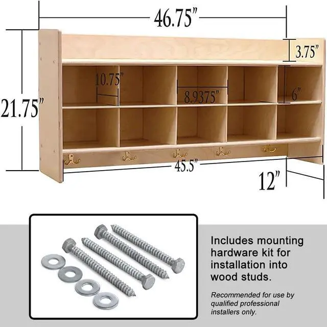 Alt view image 3 of 7 - Cubby Storage Organizer Cubes, Daycare Shelves with 10 Cubbies with Hooks and Shelf, Hanging Wall Mount, Furniture for Kids Toys, Classroom, 47-inch Width