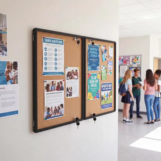 Alt view image 2 of 7 - Enclosed Bulletin Board, 47.5 x 35.5 Lockable Cork Notice Board with Aluminum Frame, Felt Surface, Outdoor Weather-Resistant Wall Mounted Display Case for School, Office (Cork)