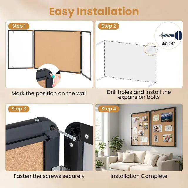 Alt view image 4 of 7 - Enclosed Bulletin Board, 47.5 x 35.5 Lockable Cork Notice Board with Aluminum Frame, Felt Surface, Outdoor Weather-Resistant Wall Mounted Display Case for School, Office (Cork)