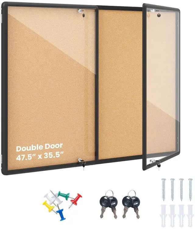 Main image of Enclosed Bulletin Board, 47.5 x 35.5 Lockable Cork Notice Board with Aluminum Frame, Felt Surface, Outdoor Weather-Resistant Wall Mounted Display Case for School, Office (Cork)