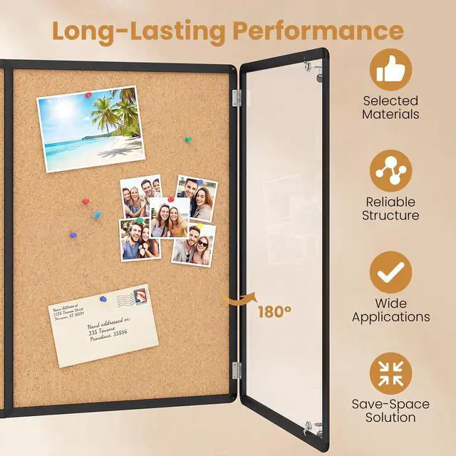 Alt view image 5 of 7 - Enclosed Bulletin Board, 47.5 x 35.5 Lockable Cork Notice Board with Aluminum Frame, Felt Surface, Outdoor Weather-Resistant Wall Mounted Display Case for School, Office (Cork)