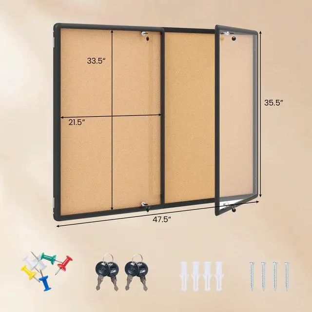Alt view image 3 of 7 - Enclosed Bulletin Board, 47.5 x 35.5 Lockable Cork Notice Board with Aluminum Frame, Felt Surface, Outdoor Weather-Resistant Wall Mounted Display Case for School, Office (Cork)