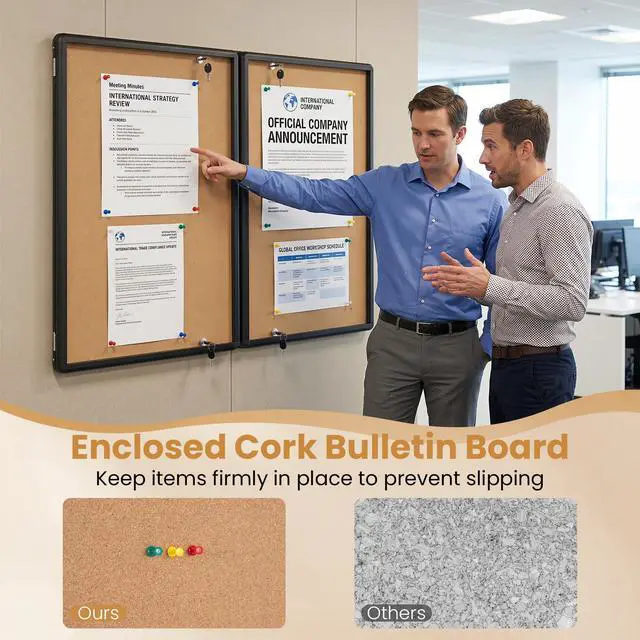 Alt view image 6 of 7 - Enclosed Bulletin Board, 47.5 x 35.5 Lockable Cork Notice Board with Aluminum Frame, Felt Surface, Outdoor Weather-Resistant Wall Mounted Display Case for School, Office (Cork)