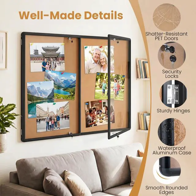 Alt view image 7 of 7 - Enclosed Bulletin Board, 47.5 x 35.5 Lockable Cork Notice Board with Aluminum Frame, Felt Surface, Outdoor Weather-Resistant Wall Mounted Display Case for School, Office (Cork)