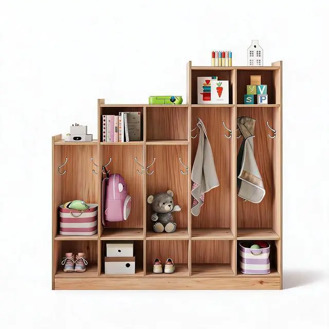 Main image of 5-Section Kids Coat Locker with 9 Cubbies, 10 Hanging Hooks, Wooden Classroom Daycare Storage Organizer, Freestanding Cubby Cabinet for Home, School,Nursery, Kindergarten, Natural Wood,Layered Natural