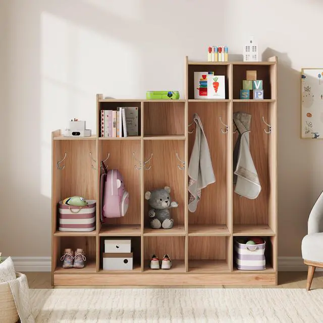 Alt view image 2 of 7 - 5-Section Kids Coat Locker with 9 Cubbies, 10 Hanging Hooks, Wooden Classroom Daycare Storage Organizer, Freestanding Cubby Cabinet for Home, School,Nursery, Kindergarten, Natural Wood,Layered Natural